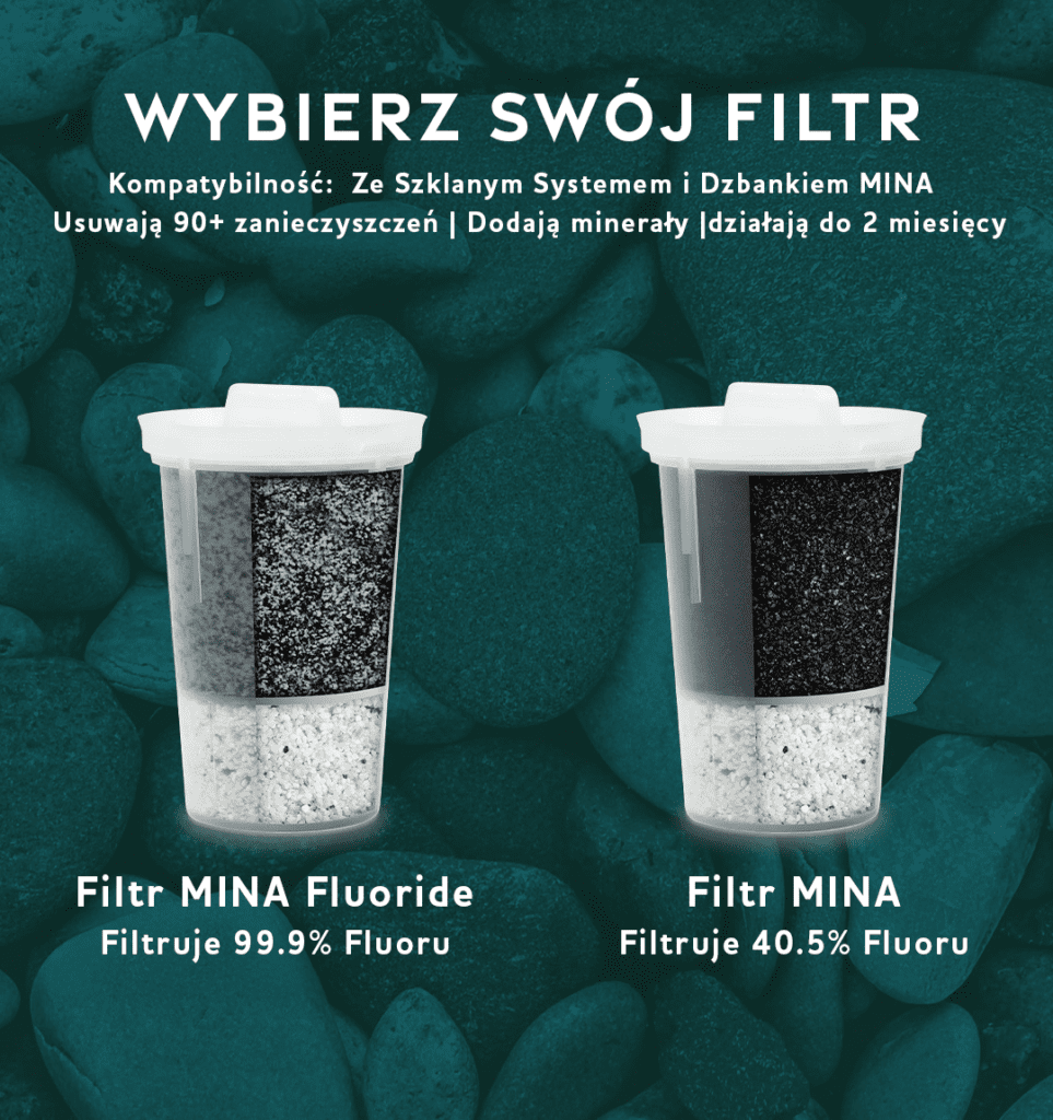 Dwa filtry Santevia – MINA i MINA Fluoride – na tle kamieni. Filtr MINA Fluoride usuwa 99,9% fluoru, a filtr MINA 40,5% fluoru. Oba filtry są kompatybilne ze Szklanym Systemem i Dzbankiem MINA, eliminują ponad 90 zanieczyszczeń i wzbogacają wodę w minerały.